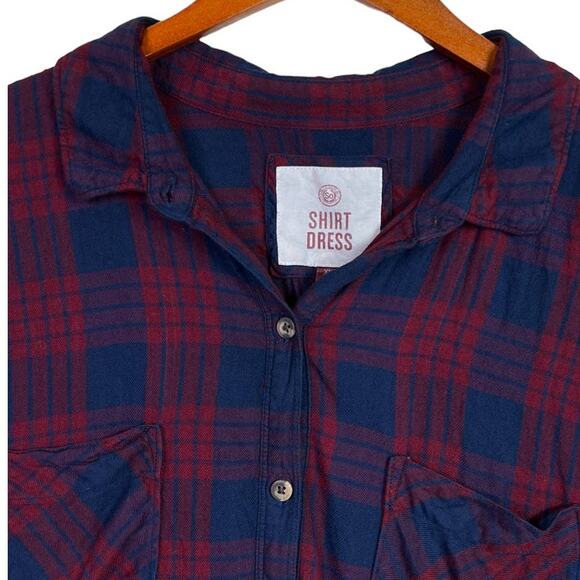 SO Long Sleeve Roll Tab Shirt Dress Pockets Size XL Red Blue Plaid - Picture 4 of 12